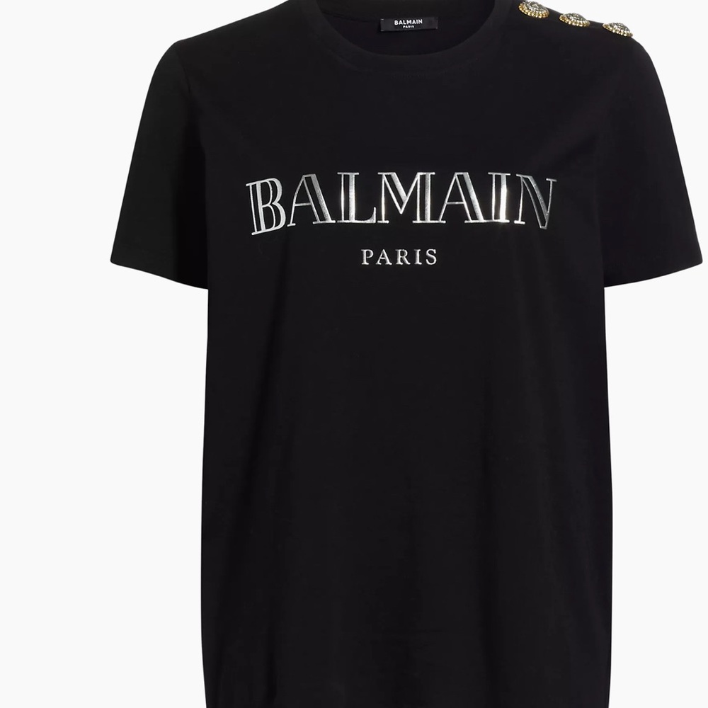 Balmain Black T-Shirt with Silver Buttons